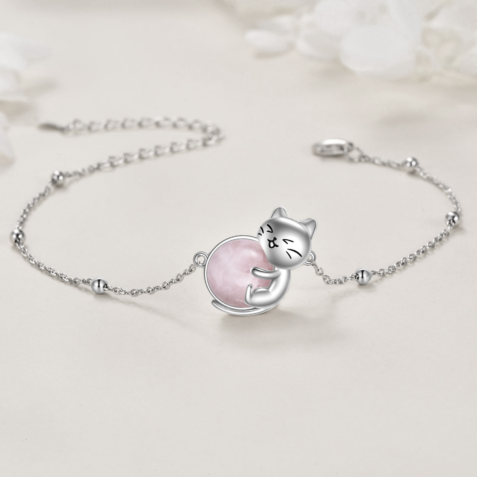YFN 925 Silver Cat Bracelet with Rose Quartz Anklet